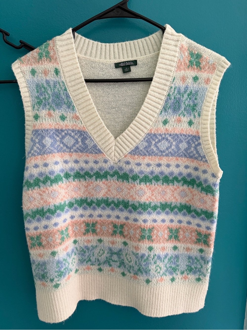 wild fable Cream Pastel Fair Isle V-Neck Sweater Vest with Pink, Green & Blue